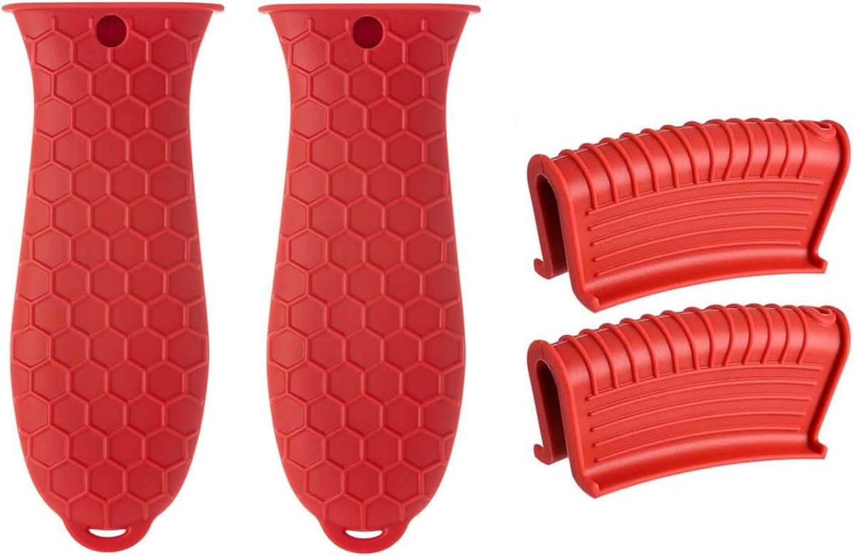 4 Pcs Non-Slip Silicone Hot Handle Holder & Assist Grips, Potholder for Cast Iron Skillets, Heat Resistant Handle Cover Sleeve for Frying Pans, Casserole, Cookware Handles, Red
