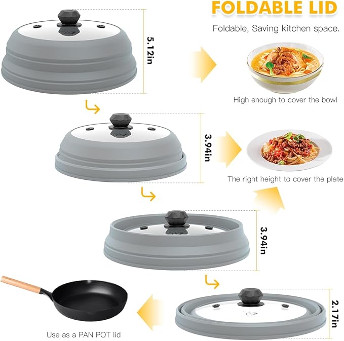 Microwave Splatter Cover Vented Glass Splatter Guard Lid with Collapsible Silicone for Food as Pot Cover 11.8 inch Large Plate for 6 7 8 9 10 11 inch Plate Bowl Light Grey