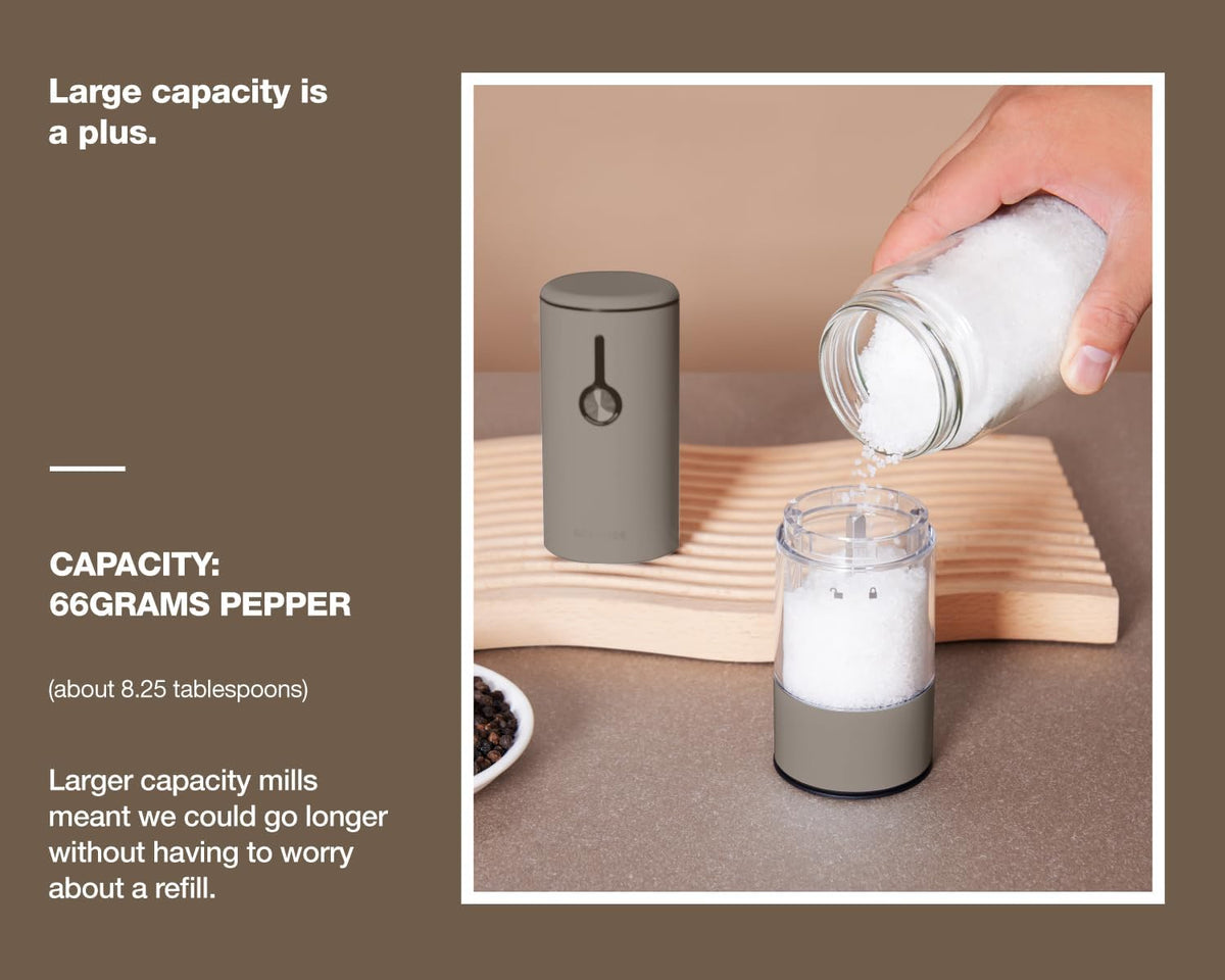Stainless Steel Rechargeable Electric Salt and Pepper Grinder Set – USB Charging, One-Hand Electric Mill, Adjustable Coarseness, LED Light & Dust Cover – Brown + Cream