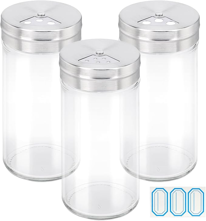 Segarty Spice Jar, 3 Pack 4 oz Glass Spice Jars with Shaker Lids, Clear Seasoning Organizer Spice Containers with Adjustable Pour Holes for Kitchen Cabinet, Salt Shakers with Stainless Lid