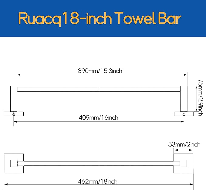 RUACQ Towel Bar 16 inch, Towel Racks for Bathroom Wall Mounted, SUS304 Stainless Steel Towel Holder, Hand Towel Holder Organizer, Brushed Nickel Single Bar, Total Length 18 inch