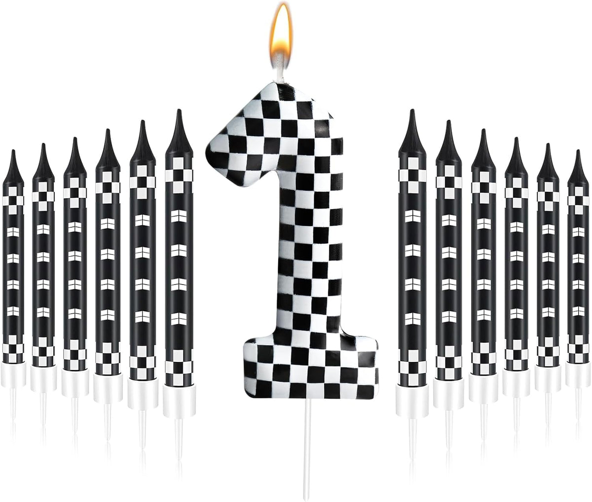 13 Pcs Racing Cars Themed Birthday Candles Black and White Race Number 1 Checkered Candle Cake Topper for Racing Car Party Decoration Supplies (Number 1)