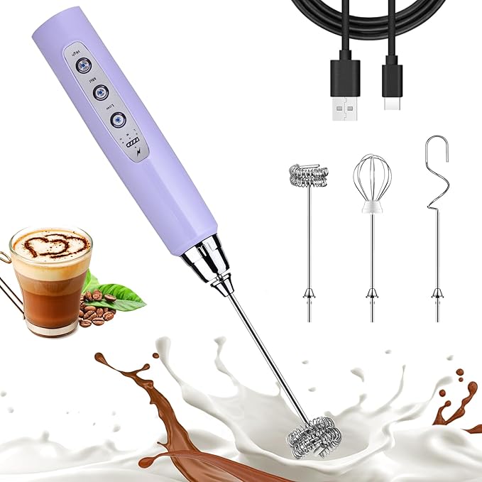 Nahida Light Purple Milk Frother Wand for Coffee, Frother Handheld Rechargeable Electric Whisk with 3 Heads 3 Speeds Drink Mixer Coffee Frother Foam Maker For Latte, Cappuccino, Hot Chocolate, Egg