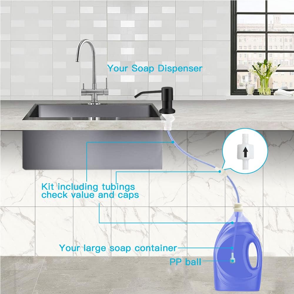 Dish Soap Dispenser for Kitchen Sink, Countertop Sink Soap Dispenser Water Pump with 47” No-Spill Extension Tube Kit Design for Kitchen Bathroom, Easy to Press, No More Refills （Black）