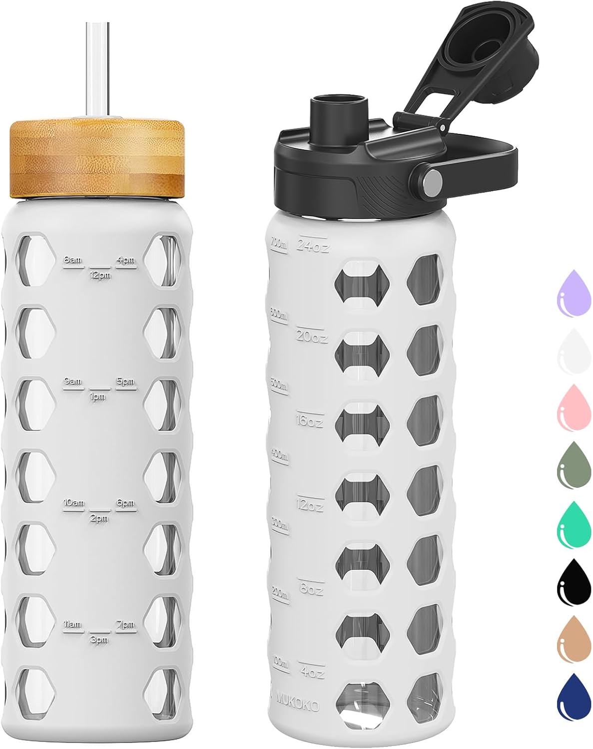 MUKOKO Glass Water Bottles, 24oz Glass Tumbler with Straw, Drinking Bottles with 2 Lids-Handle Spout Lid&Bamboo Straw Lid, Motivational Water Bottle with Time Marker and Silicone Sleeve, 1 Pack-White