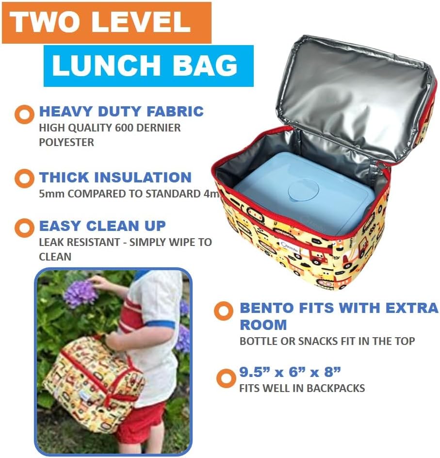 kinsho Stainless Steel Bento Box for Toddler Boys, Insulated Lunch Bag and Water Bottle Set for Toddlers. Snack Container for Small Kids, Baby Daycare or Pre-School Lunches, Blue Yellow Trucks