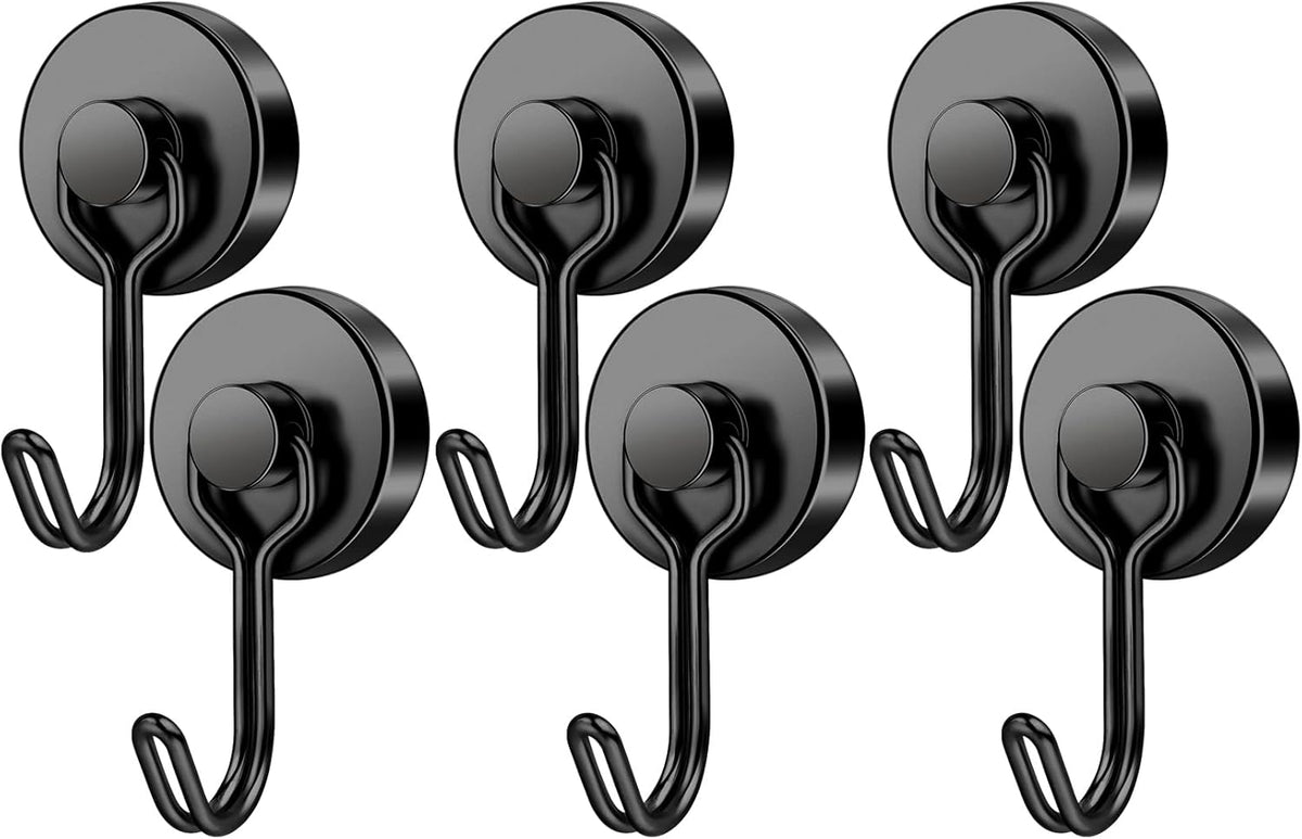 FINDMAG Black Magnetic Hooks, 60 LB+ Magnetic Hooks Heavy Duty 2025 Cruise Ship Essentials, Stong Neodymium Magnet Hooks for Refrigerator, Workplace, Curtain, Locker Accessories, Home - 6 Pack