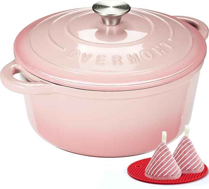 Overmont Enameled Cast Iron Dutch Oven - 7QT Pot with Lid Cookbook & Cotton Potholders - Heavy-Duty Cookware for Braising, Stews, Roasting, Bread Baking pink