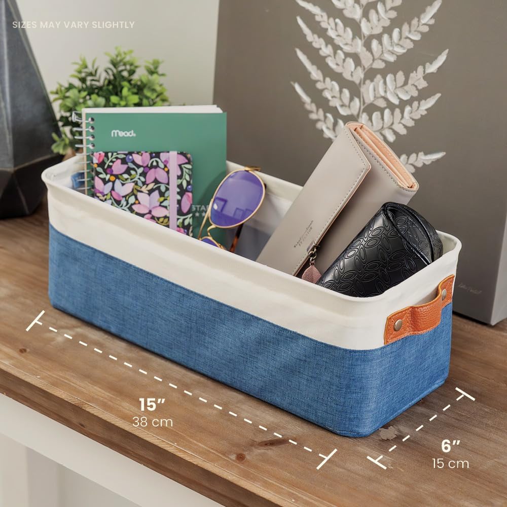 OrganiHaus Narrow Storage Bins 15x06in, Small Closet Bins for Shelves, Bathroom Storage Baskets for Shelves, Narrow Baskets, Fabric Organizer with Handles, Toilet Paper Organizer - 2 Pack, Navy Blue