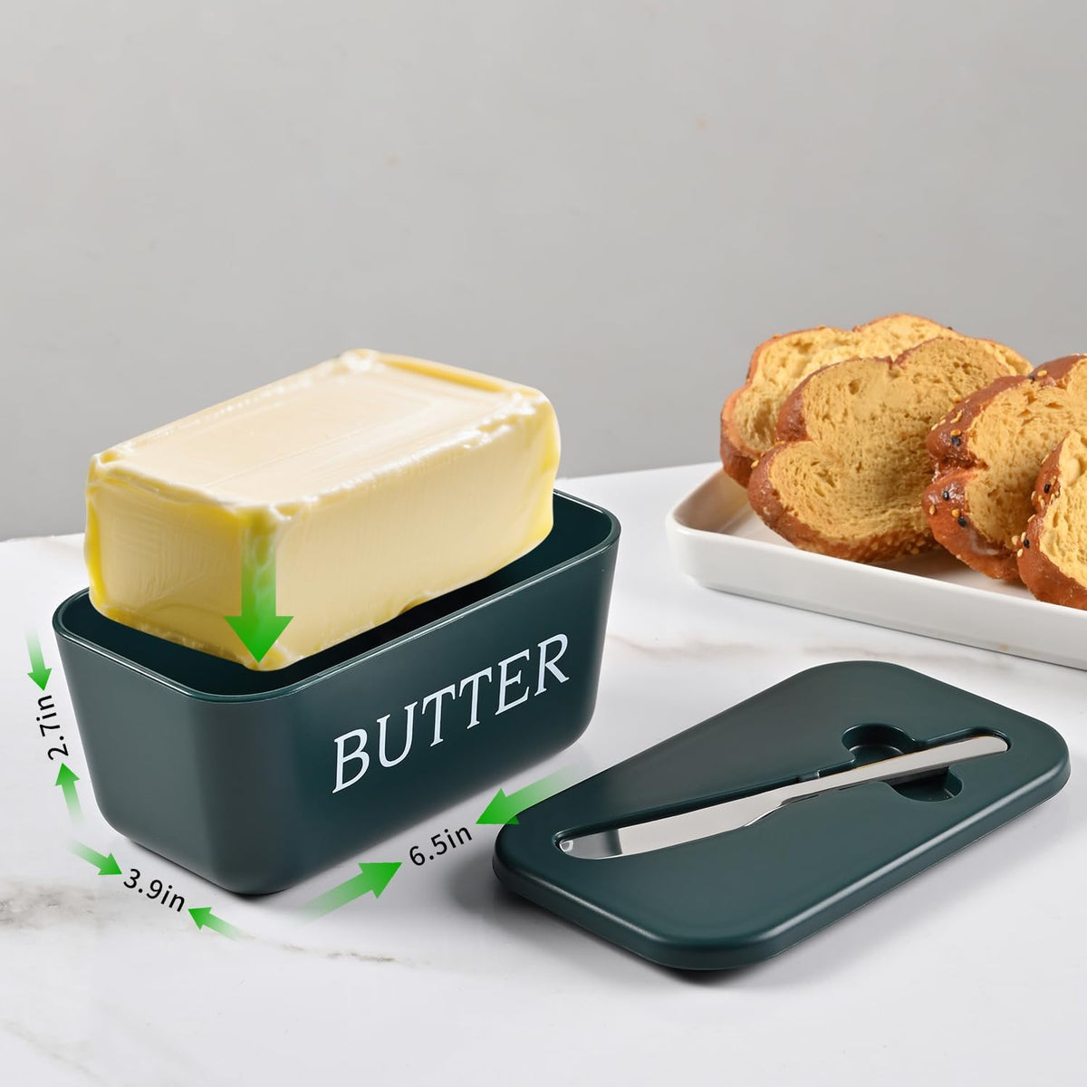 Large Butter Dish With Lid And Knife,Food Grade Plastic Large Butter Container With Cover,Butter Holder With Stainless Steel Knife For Kitchen Decor Countertop