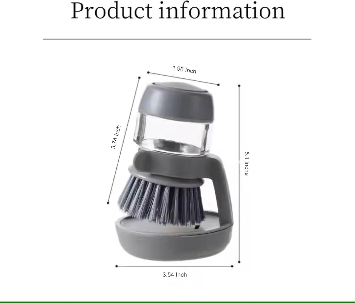 Soap Dispenser Palm Dish Brush with Storage Bracket – Drainage Base, Easy-to-Clean Kitchen Utensil Cleaner | Includes Extra Soft Bristle Brush Head (Gray)
