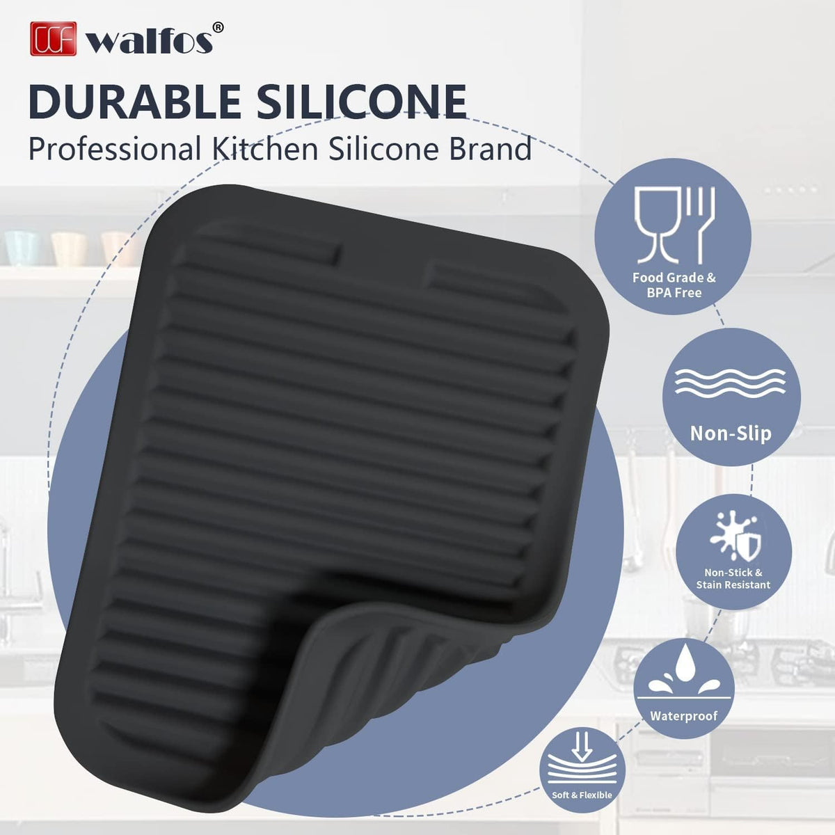 Walfos Trivets for Hot Dishes, Multi-Purpose Silicone Pot Holders, Hot Pads for Kitchen Hot Pots and Pans, Heat Resistant Silicone Mats for Kitchen Countertops, Non-Slip, 2 Pack, Black