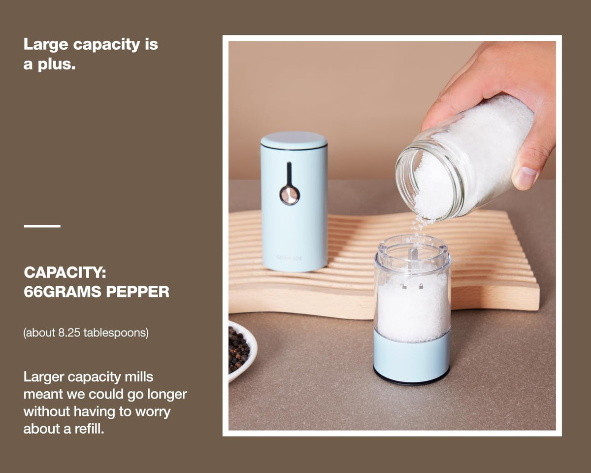 Electric Pepper Grinder and Salt Mill Set - Large Capacity USB Rechargeable Automatic Grinder with Dual LED Lights, One-Handed Operation & Slide Cover - Brushed Stainless Steel
