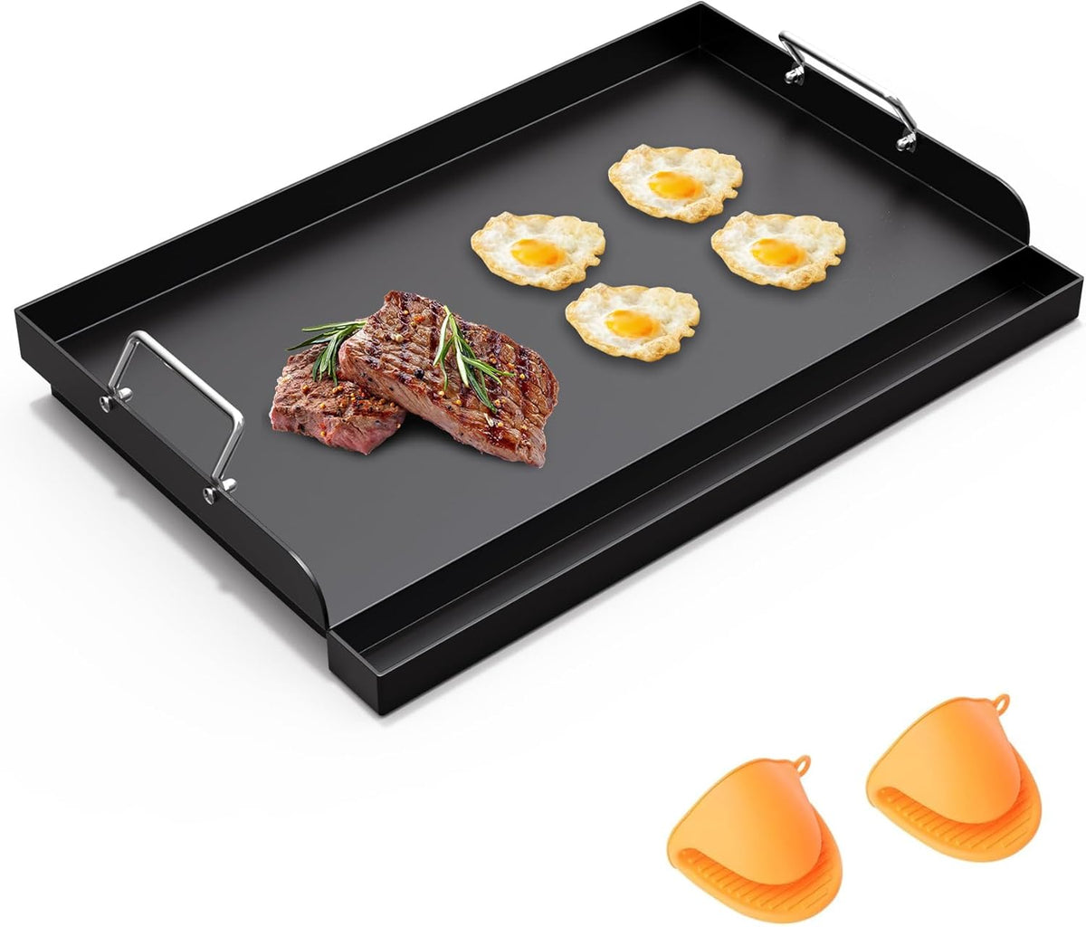 Universal Nonstick Cast Iron Griddle for Gas & Charcoal Grills & Stove Top, Thickened 25" x 16" Flat Top Grill Griddle Plate with Extra High Sidewalls, Grease Groove & Handles, for Camping