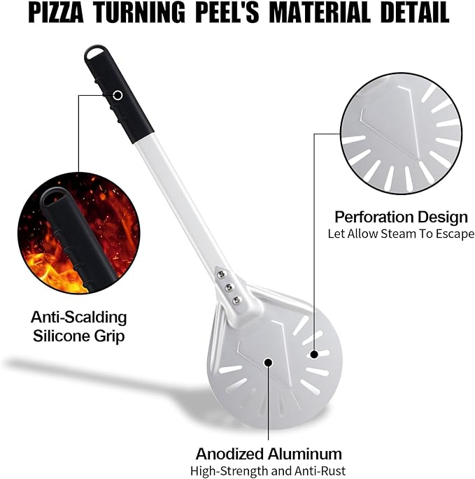 Pizza Turning Peel 8 Inch Round Anodized Aluminum Perforated Pizza Peel Turner With Metal Handle Pizza Paddle Spinner For Outdoor Pizza Oven Accessories