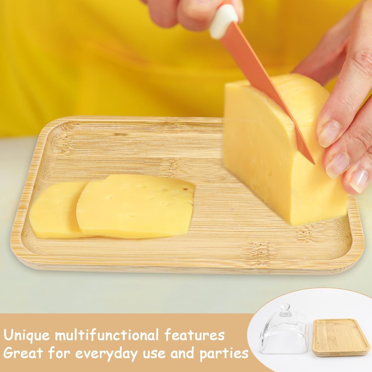 Crystal Clear Glass Butter Dish with Lid Butter Holder Container for Butter, Cream Cheese, and Dessert Cake（Bamboo）