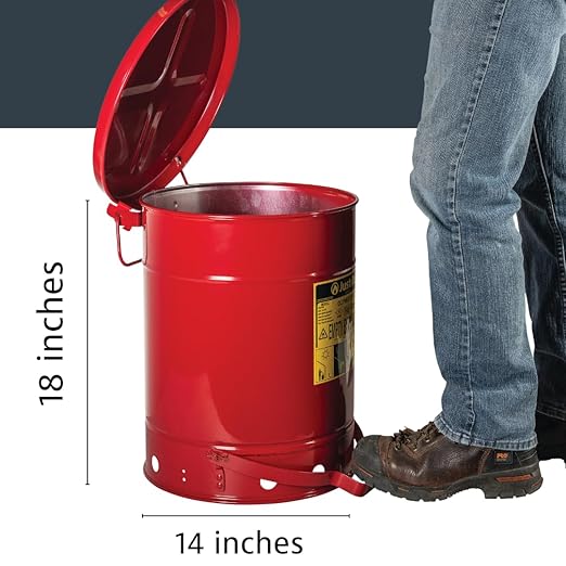 Justrite 10 Gallon Galvanized Steel Oily Waste Can, 18" x 14" Metal Oil Rag Safety Can With Foot Operated Self-Closing Lid for Oil Rag Disposal, Made in the USA, Red, 09300