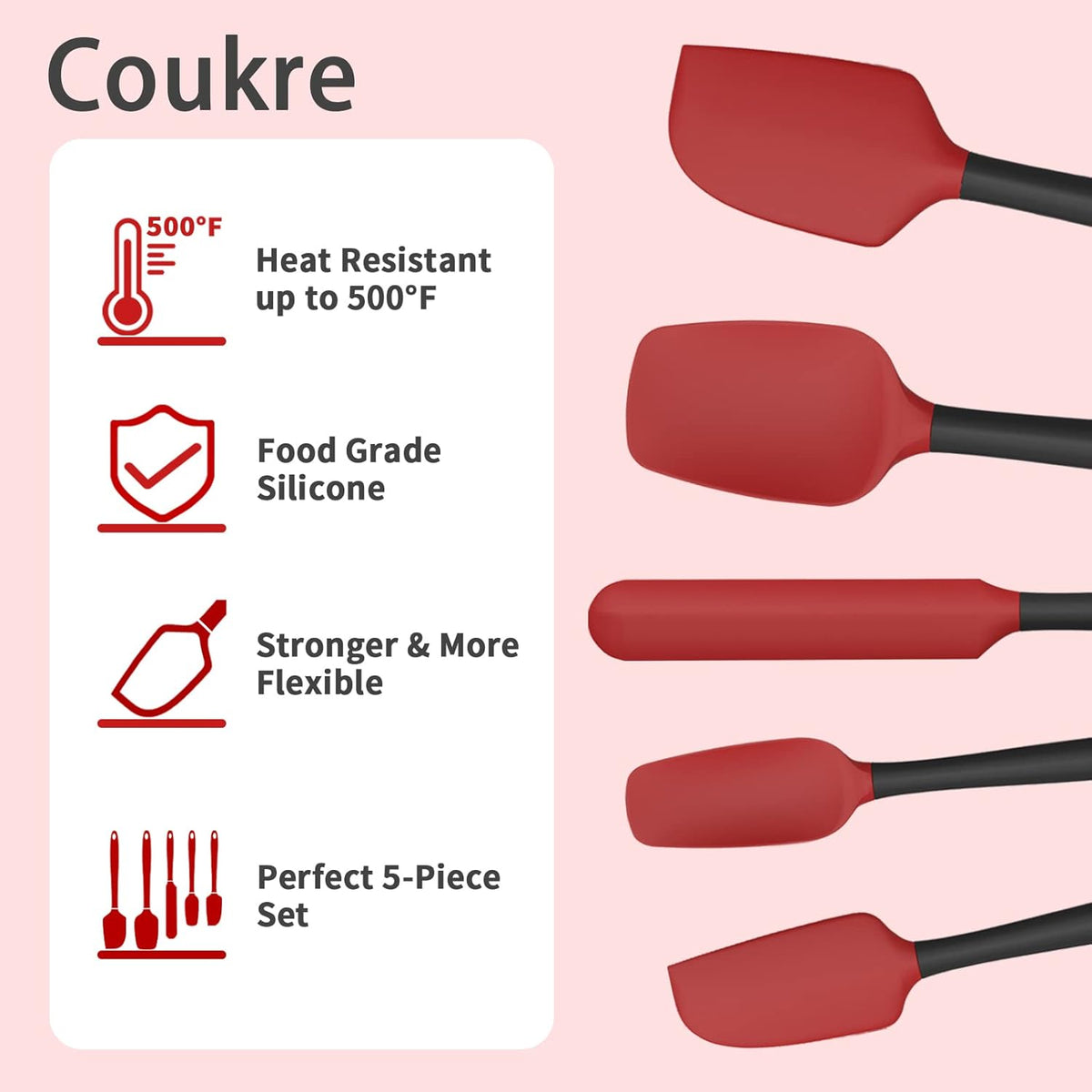 Coukre Silicone Spatula Set of 5,High Temperature Resistant, Food Grade Silicone, Dishwasher Safe, for Baking, Cooking (Red)