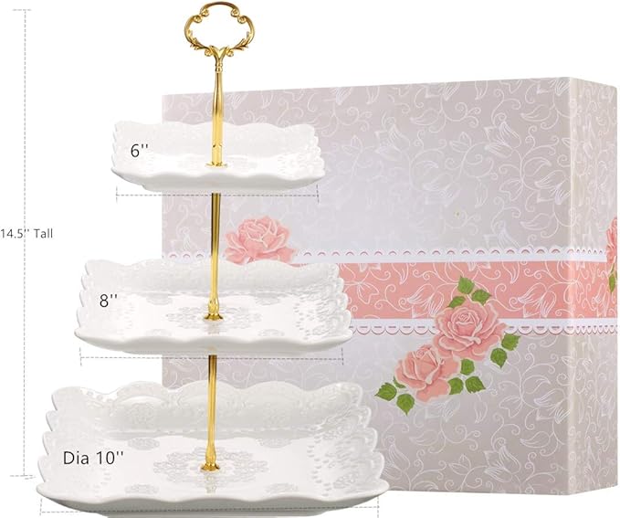 Sumerflos 3 Tier Porcelain Cupcake Stand, Tiered Serving Cake Stand, Square White Embossed Dessert Stand, Weddings Parties Pastry Serving Tray