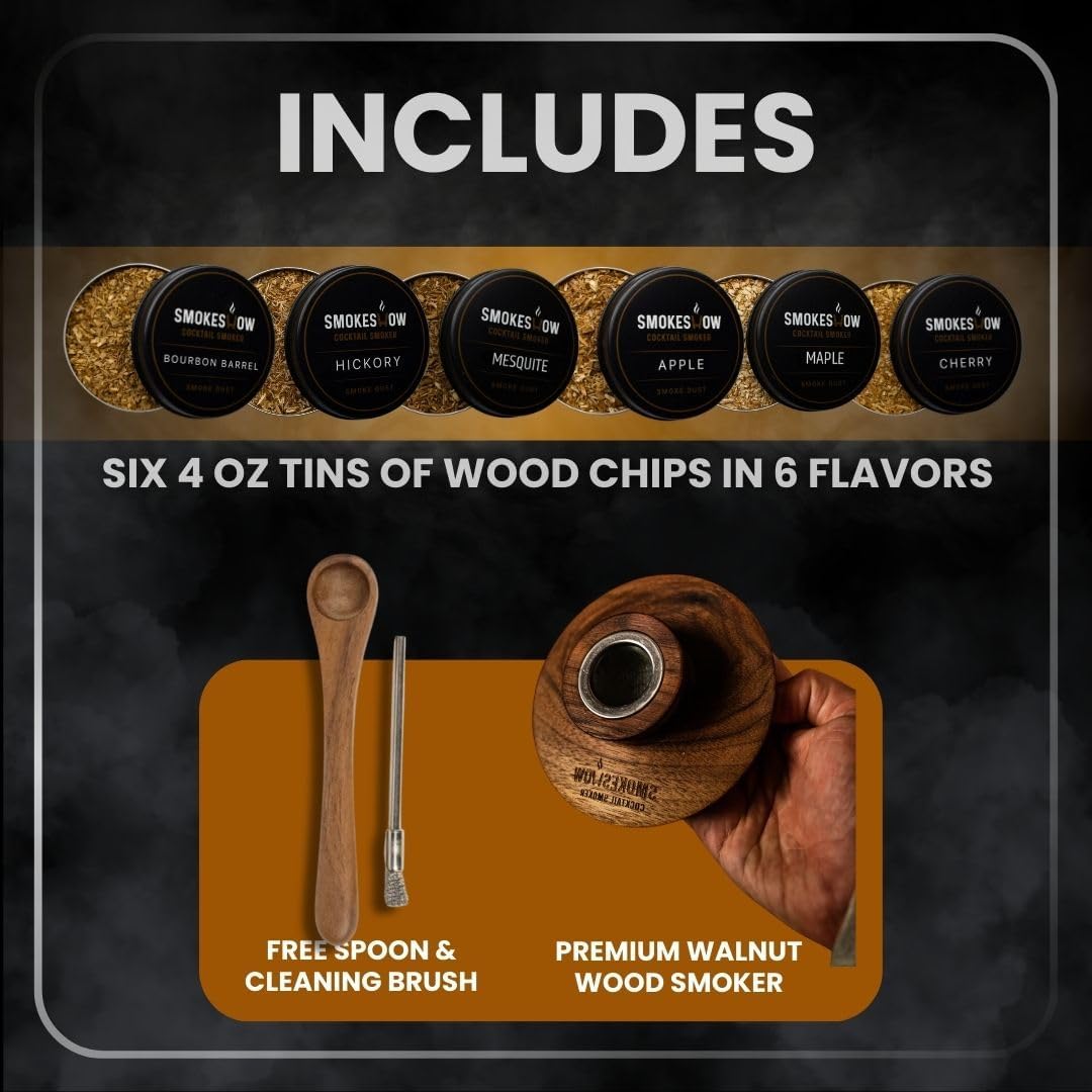 Premium Walnut Wood Cocktail Smoker with Six 4 oz Tins of Wood Chips. Great for Whiskey & Old Fashion. Coated in Safe Food Natural Beeswax, Non-Toxic Top by Smokeshow (6-Pack)