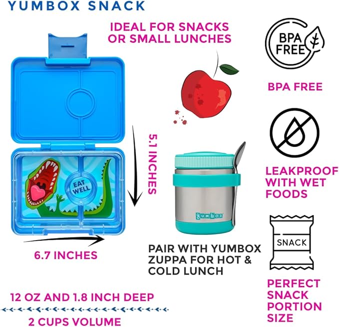 Yumbox Snack Box - 3 Compartment - Leakproof Bento Lunch Box for Kids (Surf Blue with Dinosaur Tray)