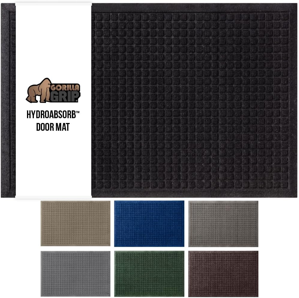 GORILLA GRIP Front Door Mat, 35x23, Indoor Outdoor Ultra Absorbent HydroAbsorb Doormat, Absorbs Up to 5.7 Cups of Water, Stain and Fade Resistant, Rubber Backing Doormats, Captures Dirt, Black