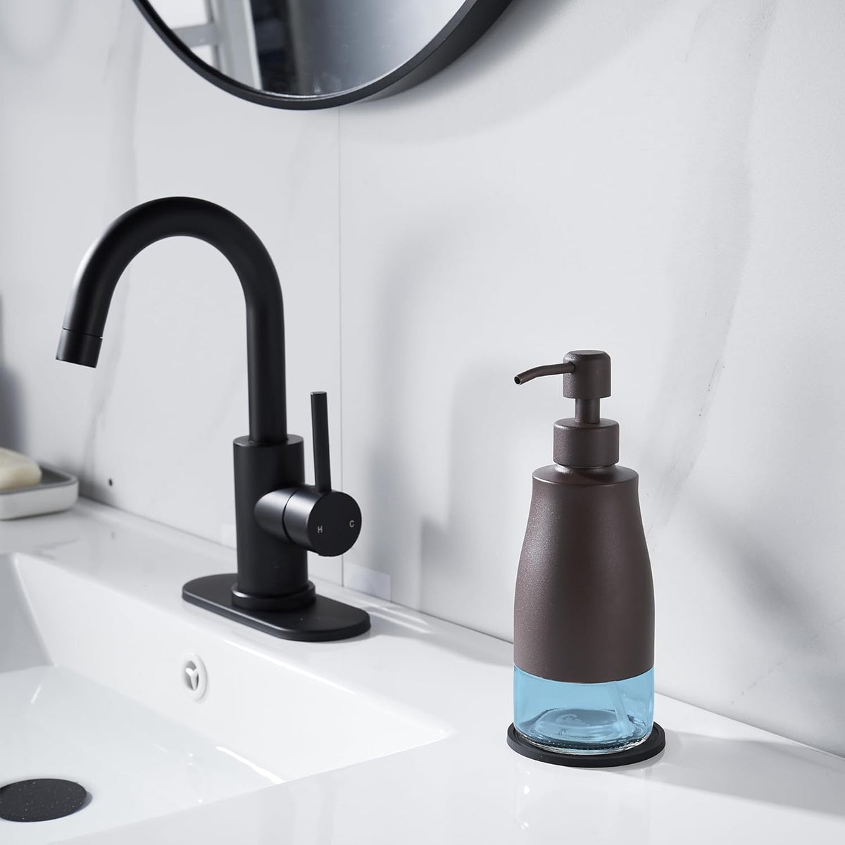 Bronze Soap Dispenser with Coaster and Stickers, Stainless Steel and Glass Bottle Hand Pump Dispenser, Refillable Liquid Hand Soap Dispenser for Bathroom & Kitchen (11OZ / 320ML)