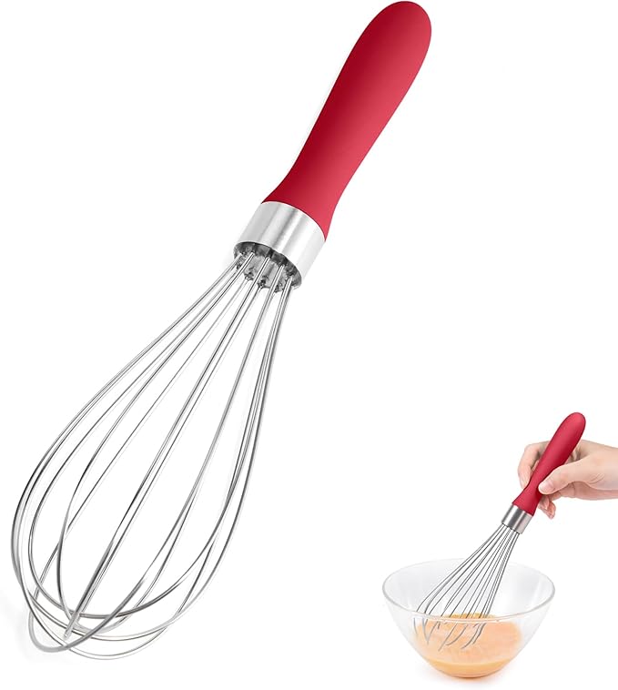 18/8 Stainless Steel Balloon Whisk, Doosu Kitchen Whisk for Cooking Handheld Egg Beater with Rust-Proof Sturdy Wires & Non-Slip Silicone Handle for Beating, Stirring, Blending (6 Wires, Red)