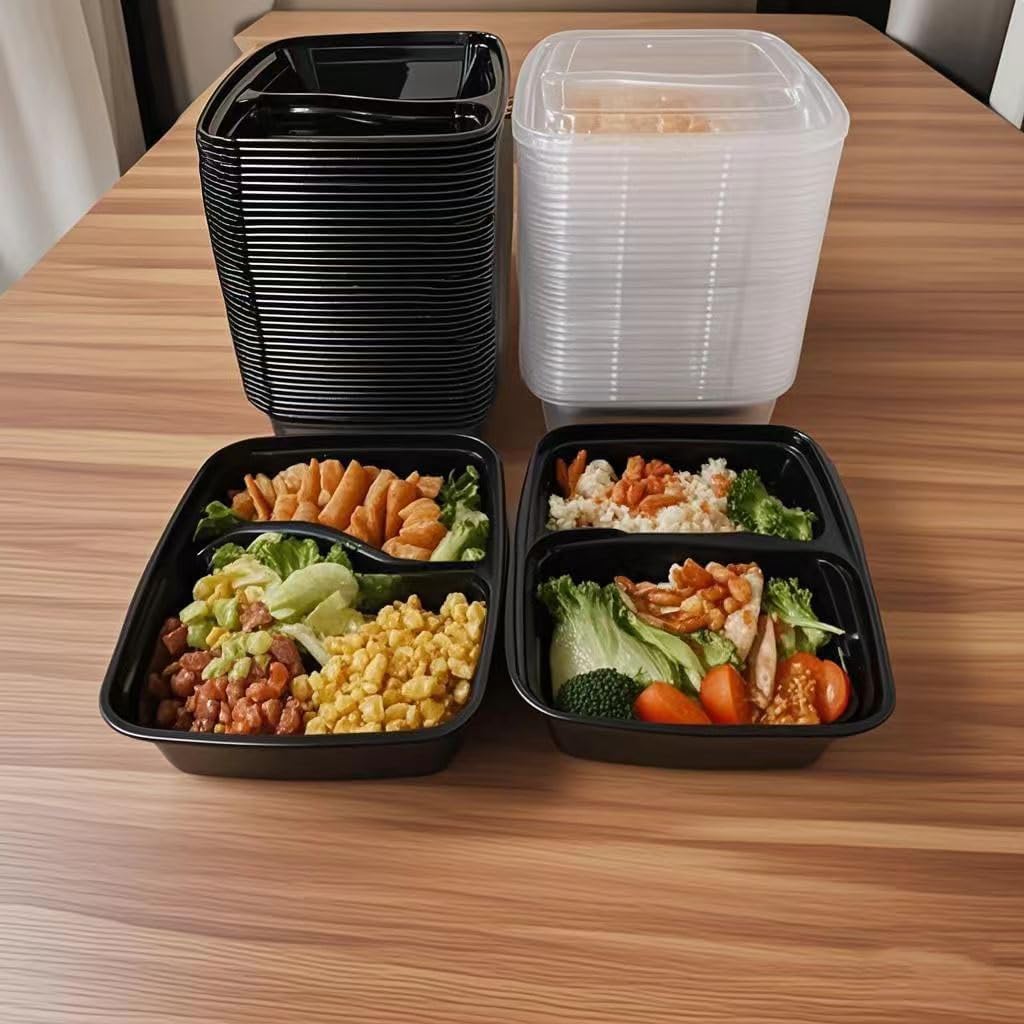 50 Packs 28oz 2-Grid Disposable Meal Prep Containers with Lids,To Go Take Out Plastic Food Storage, Disposable Takeaway Boxes,Freezer, Dishwasher Safe Prep Containers
