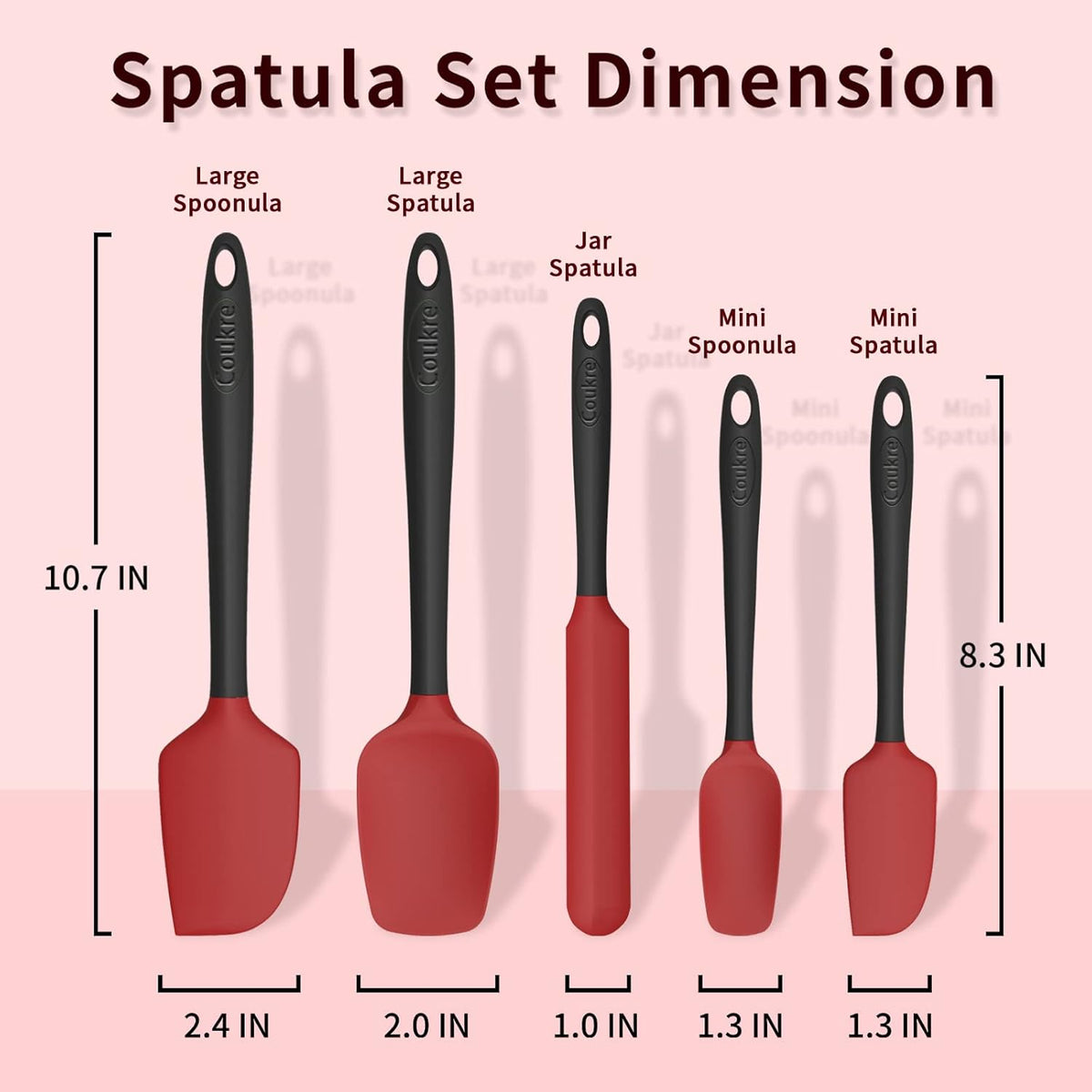 Coukre Silicone Spatula Set of 5,High Temperature Resistant, Food Grade Silicone, Dishwasher Safe, for Baking, Cooking (Red)
