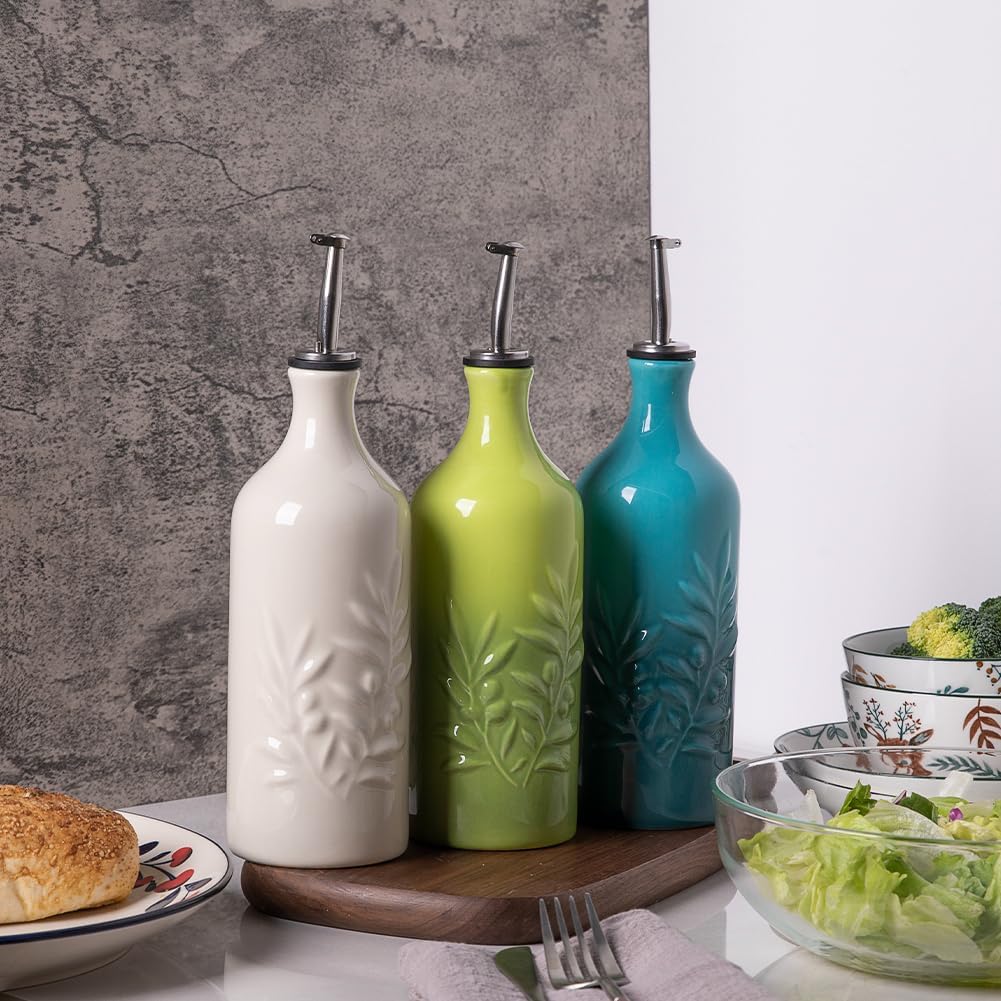 Sweejar Ceramic Olive Oil Dispenser Bottle, 20 Oz Relief Design EVOO Oil and Vinegar Dispensing Bottle with Spout for Kitchen, Set of 1 (Gradient Blue)