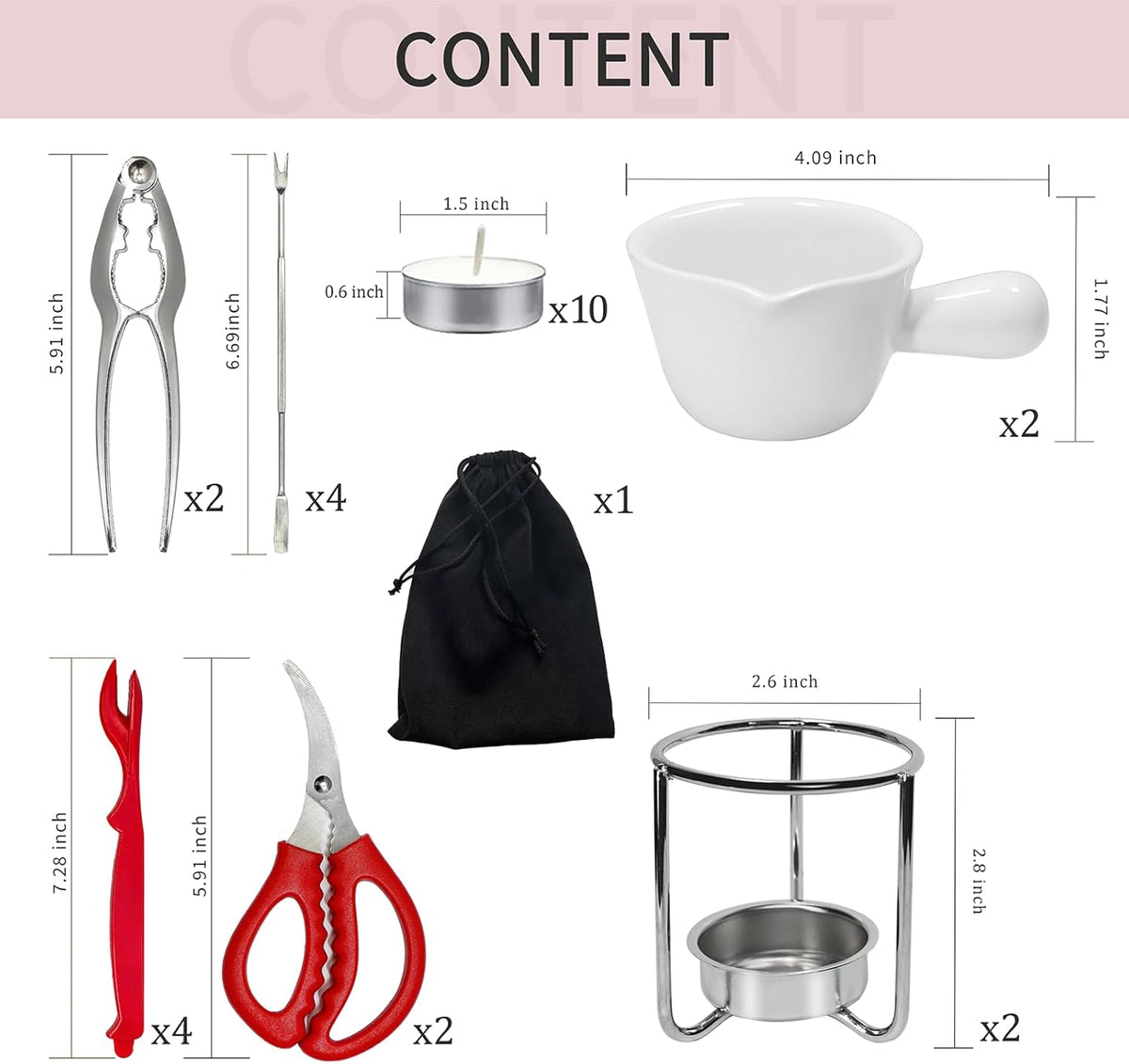 Crab Crackers and Tools Set with 2 Crab Leg Cracker,2 Butter Warmer for Seafood,4 Crab Leg Forks,4 Lobster Shellers,2 Seafood Scissors,10 Tealight Candles,1 Bag,seafood crackers and tool(25pcs)