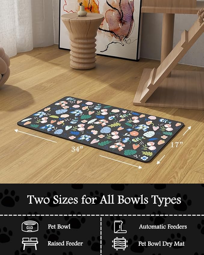 Pet Feeding Mat-Absorbent Dog Mat for Food and Water Bowl-No Stains Quick Dry Water Dispenser Mat-Dog Accessories Pet Supplies-Bowl for Messy Drinkers（DARKFLOWERS,17"x34"