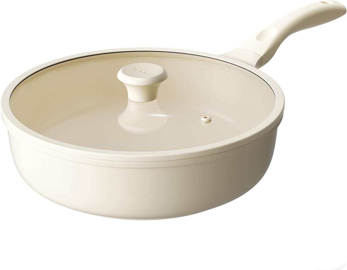 Redchef Ceramic Frying Pan with Glass Lid, Nonstick Deep Saute Pan for All Stovetops, Healthy Cooking Pan, Ergonomic Handle, Fast Even Heating, Splatter Prevention, Oven Safe, Beige (5.2Qt, 12")