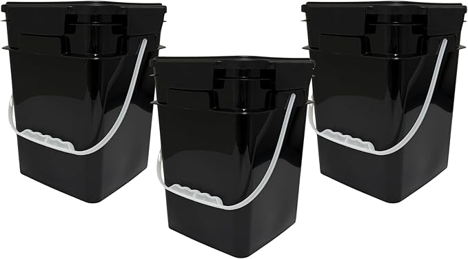 House Naturals 4 Gallon Square Food Grade Bucket Pail with Plastic Handles and Lid (Pack of 3) Made in USA containers (Black)