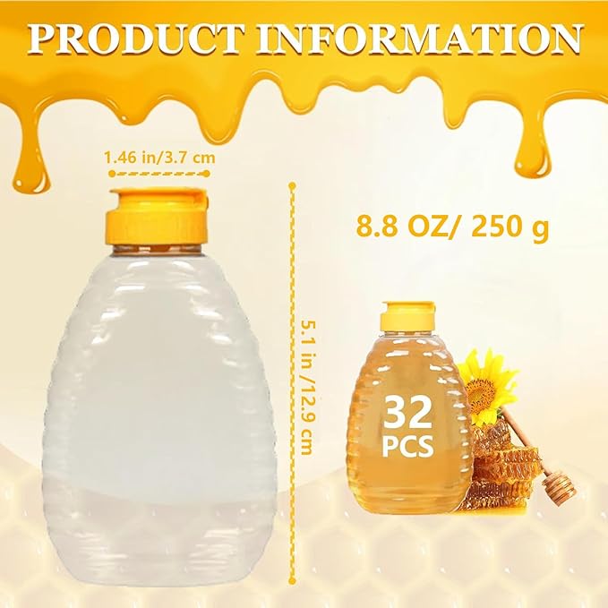 32 Pcs 8.8 oz Clear Plastic Honey Bottles, Empty Honey Bottles with Caps Plastic Skep Style Jar Refillable Honey Containers,Leakproof Honey Containers Holders for Storing Dispensing,Yellow