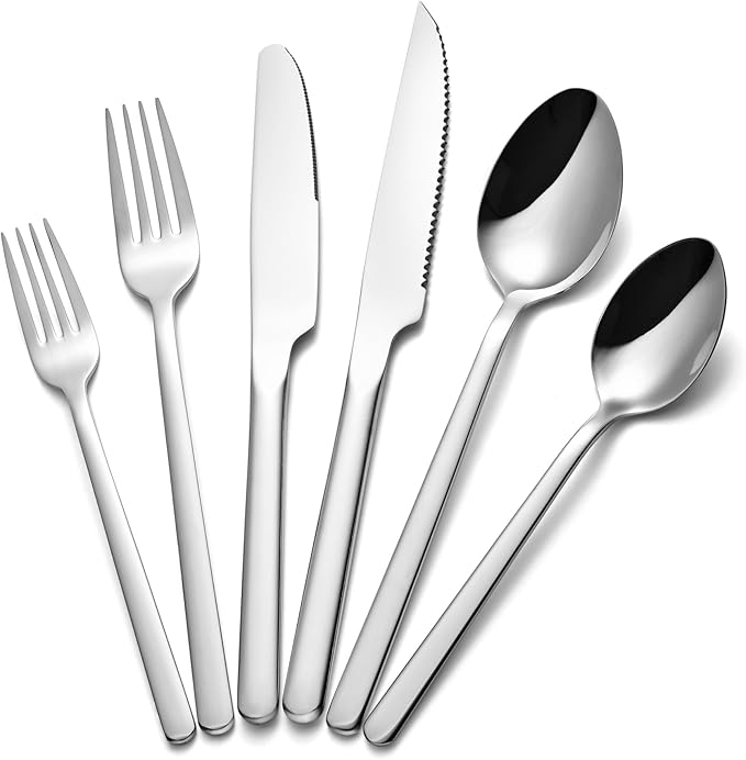 KINGSTONE 48-Piece Silverware Set with Steak Knives, Flatware Set for 8, Stainless Steel Tableware Cutlery Set for Home Restaurant, Mirror Finish,Modern Design