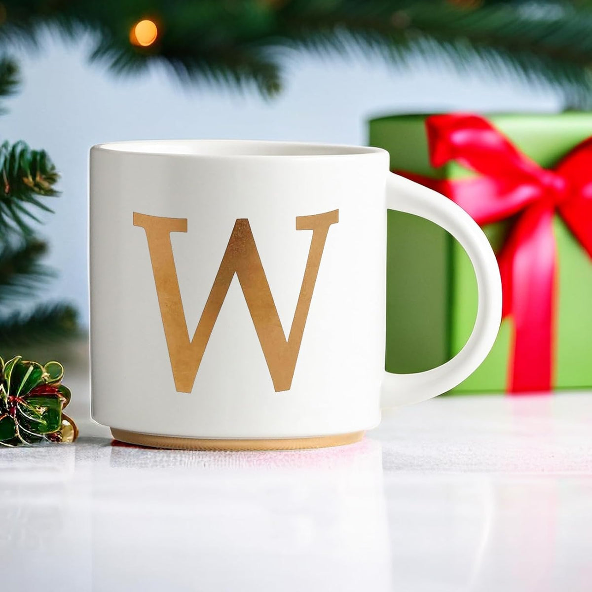 COLLECTIVE HOME - Monogram Ceramic Mugs, 15 oz Golden Initial Coffee Cups, Elegant Alphabet Tea Mugs, Elegant Personalized Mug with Gift Box, Unique Mug with Double Side Capital Letter (W)