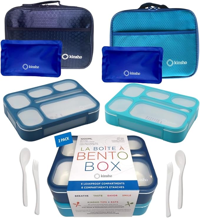 Bento-Box insulated Lunch Bag and Ice Pack Set. Lunch Boxes Snack Containers Kids Boys Girls Adults. 6 Compartments, Leakproof Portion Boxes Insulated Bags for School Lunches, BPA Free (Blue + Navy)