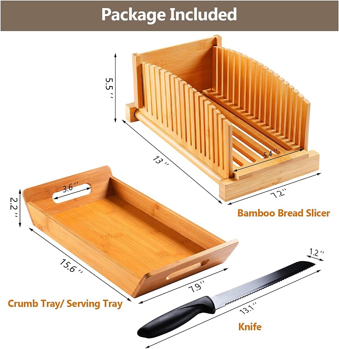Bread Slicer for Homemade Bread, Bamboo Loaf Cutter with Knife and Crumb Catcher, Adjustable Foldable and Compact Cutting Guide 3 Size Slicing Guide