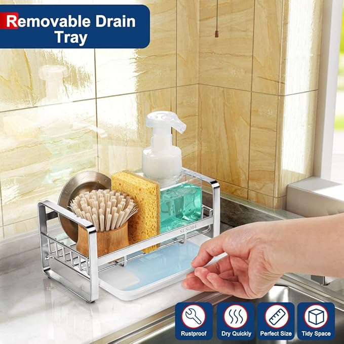 HULISEN Kitchen Sink Sponge Holder, 304 Stainless Steel Kitchen Soap Dispenser Caddy Organizer, Countertop Soap Dish Rack Drainer with Removable Drain Tray, not Including Dispenser and Brush