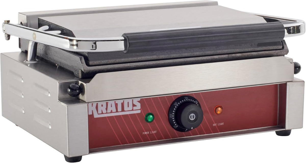 Kratos Commercial Electric Panini Sandwich Grill with Smooth Plates, 14" x 9" Cooking Surface, Commercial Countertop Panini Press, 120V, 1750W (29Y-021)