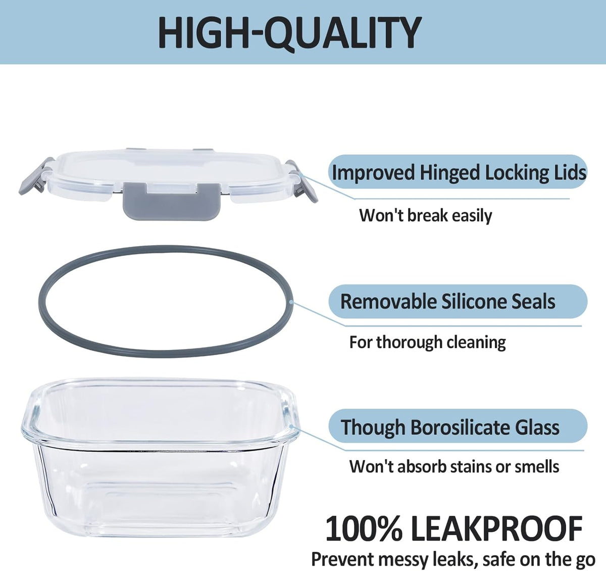 Glass Food Storage Containers with Lids Upgraded Airtight, 4 Pack Glass Storage Containers with Lids, Not Easy Broken & Leak Proof, Glass Containers with Lids for Oven/Dishwasher Safe, Grey