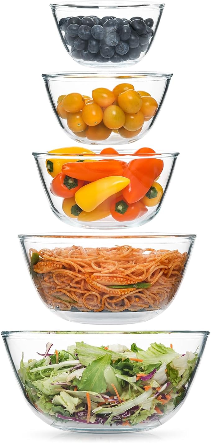 5pc Glass Mixing Bowls Sets (4.65QT, 2.80QT, 1.64QT, 1.16QT, 0.85QT), Glass Nesting Kitchen Thick Bowl for Baking, Cooking Prep, Storage, Large Salad Bowls Sets-Dishwasher Microwave Freezer Safe