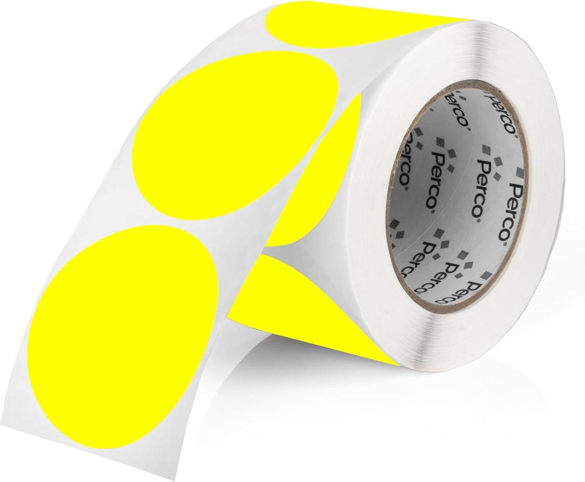 Perco Fluorescent Yellow 3-Inch Round Sticker Labels with Easy Peel Perforation - 500 Labels per Roll - Strong Adhesion, Vibrant Colors for Organizing, Crafting & More - Made in USA