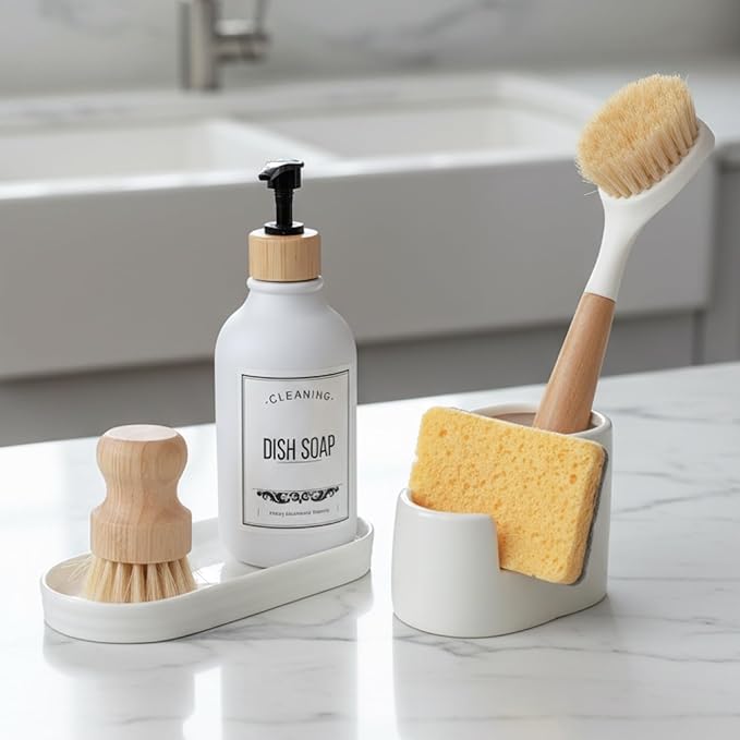 3 in 1 Ceramic Sponge&Brush Holder and Soap Tray Set, Leak-Proof Design to Keep Countertops Dry, Flexible Modular Placement, Modern Minimal Sink Organizer for Kitchen & Bathroom Countertop, White