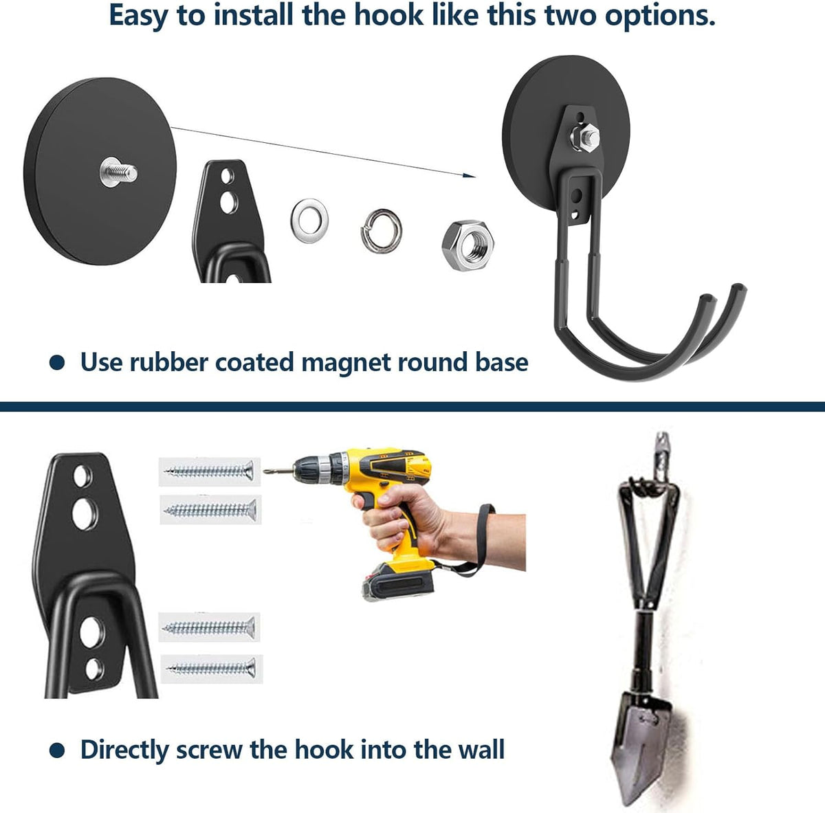 Heavy Duty Large Magnetic Hooks,Heavy Duty Magnets with Hook, Strong Garage Magnet Hooks, Magnetic Cable Holder with Anti-Slip Coating for Indoor & Outdoor Hanging(2Pack)