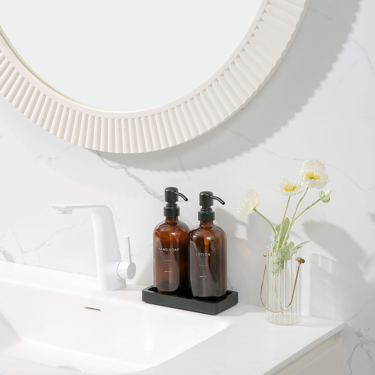 Amber Glass Soap Dispenser Set, Hand Soap and Lotion Set with Black Stainless Steel Pump, Perfect for Modern Bathroom Decor. (Amber)