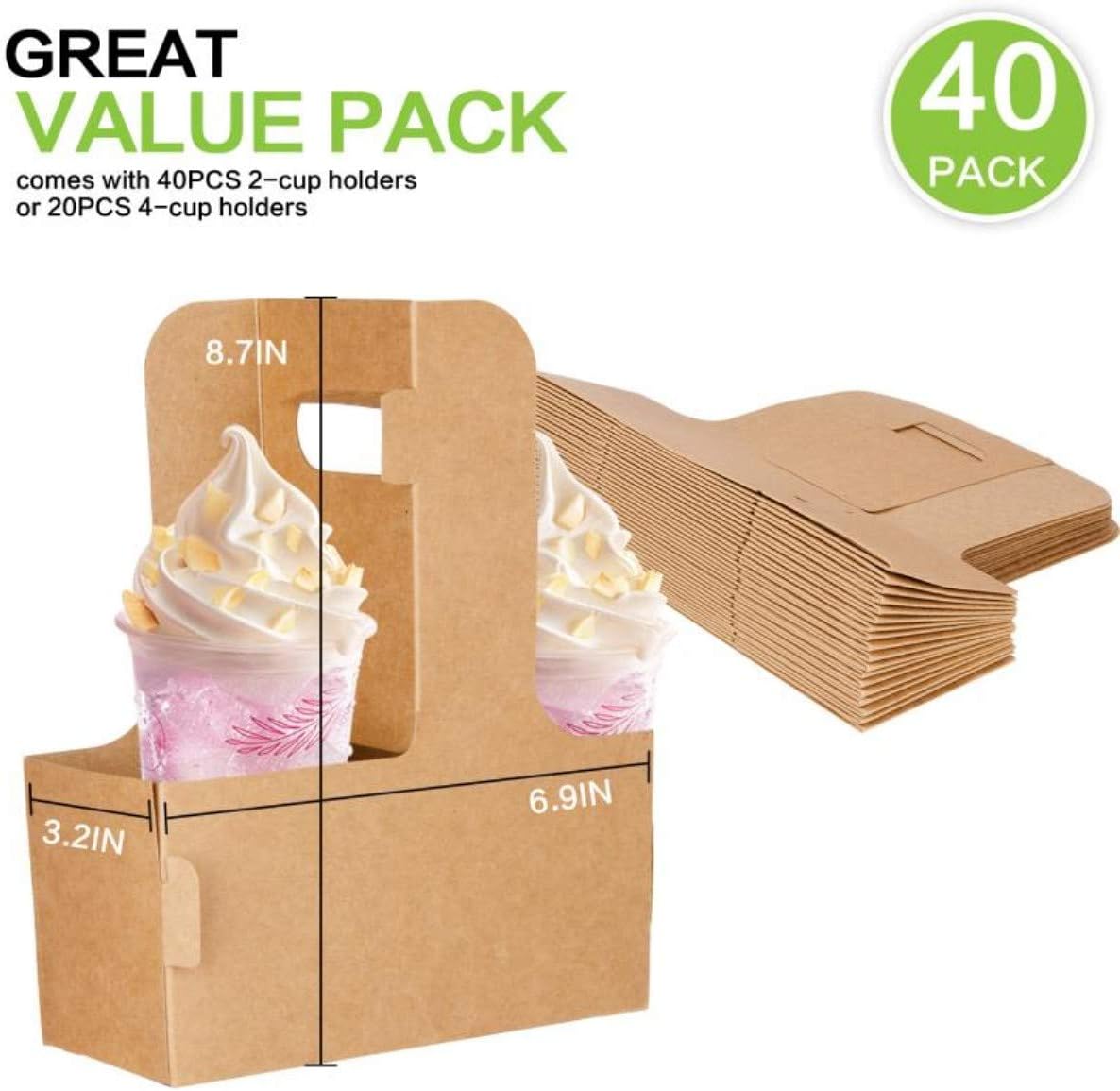 40 Pack Kraft Drink Carrier with Handles - 2 Cups or 4 Cups Assemblable Disposable Paperboard Drink Holders Great for All Your Drink and Food Delivery(2 Cup-40 Pack)