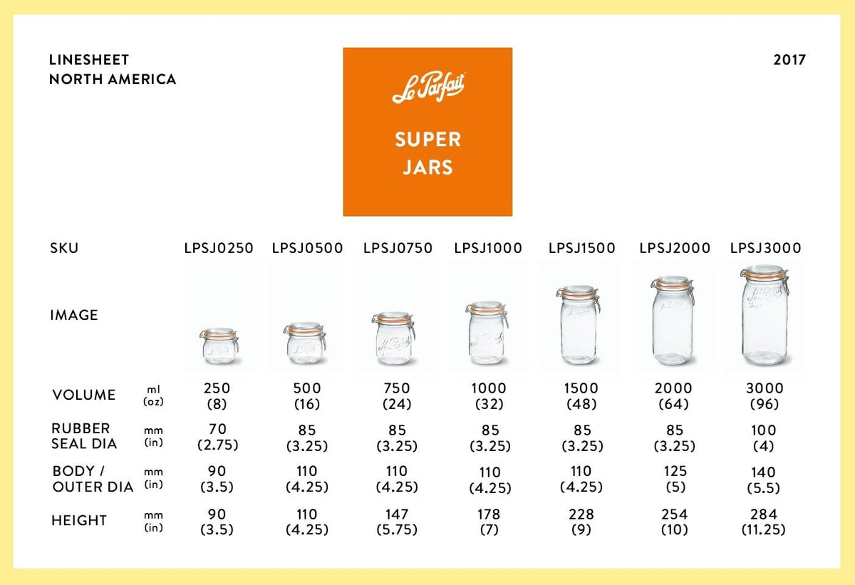 Le Parfait Super Jar, Canning Jars, 500mL French Glass Canning Jar w/Round Body, Glass Jars With Airtight Lid, Canning Jars Wide Mouth, Glass Jar w/Lid, Clear Jars, Clear Glass Jars (16oz/Pint, 4 pk)